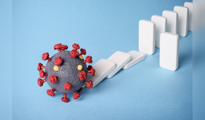 Bright red headline with inscription COVID-19 on white with abstract virus strain model. Coronavirus confirmed as pandemic by World Health Organization