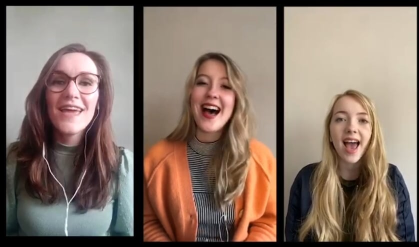 Sabine, Julia en Noa tijdens het nummer 'Lights and Shadows', dat zij afzonderlijk van elkaar thuis hebben opgenomen en uiteindelijk als filmpje hebben gemonteerd, in navolging van popgroep O’G3NE.