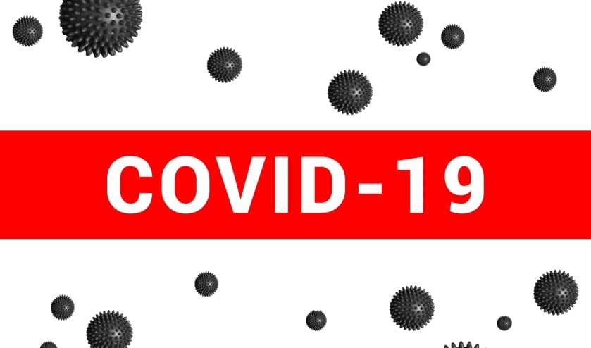Bright red headline with inscription COVID-19 on white with abstract virus strain model. Coronavirus confirmed as pandemic by World Health Organization