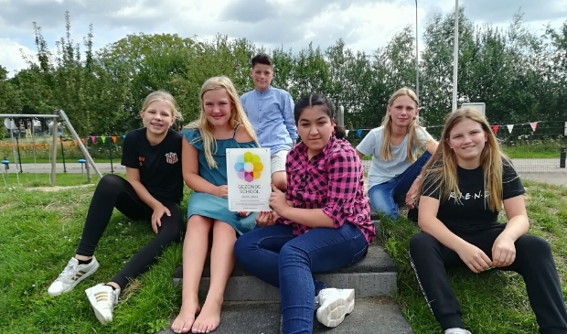 De leerlingen van groep 8 met daarbij het Gezonde School vignet