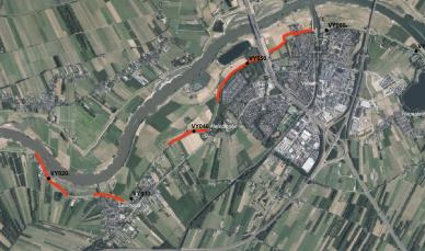 • Het traject van Sluis tot Everdingen. In rood staat het deel dat als eerste aangepakt wordt.