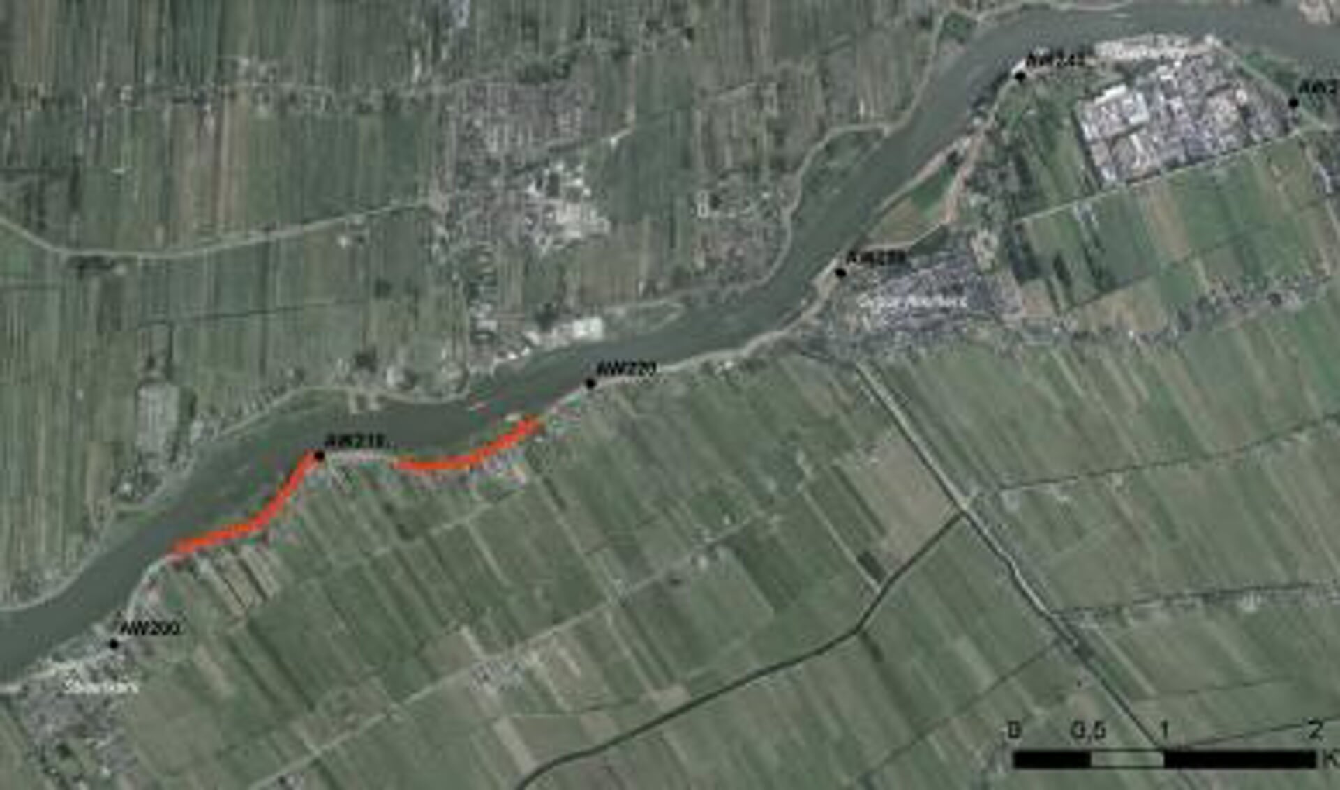 • Het traject tussen Streefkerk en Nieuwpoort. In rood staat het deel dat als eerste aangepakt wordt.