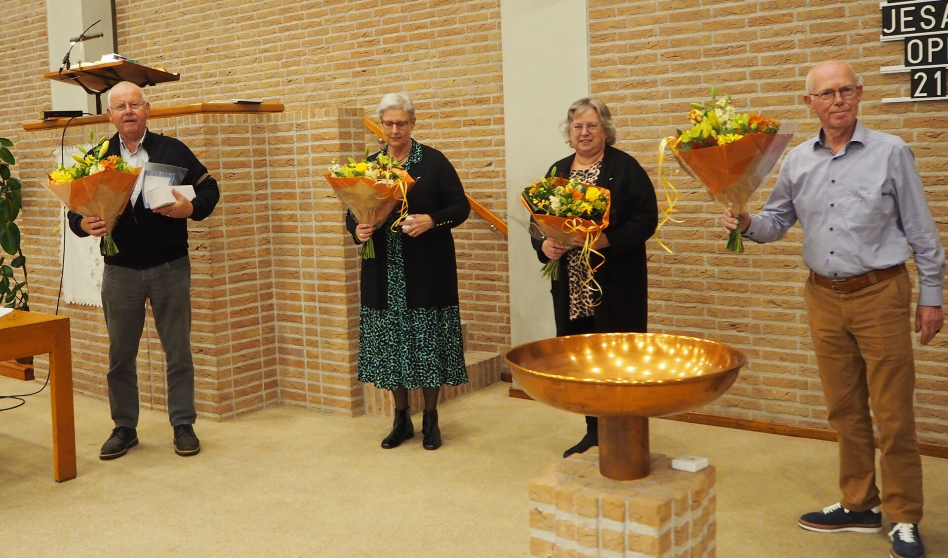 De jubilarissen, met v.l.n.r. Teus Verdoren, Sija Langeveld, Maryanne de Groot en Jaap van de Ruit.
