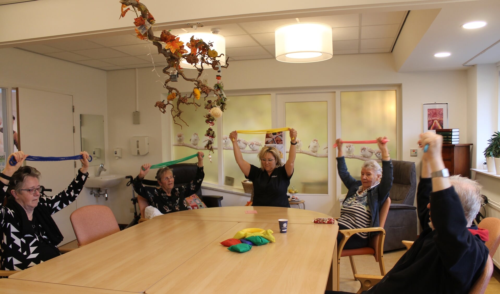 Beweegactiviteit bij Dagbehandeling Parkinson met onder andere mevrouw Munster (links) en Hennie Kool (midden)