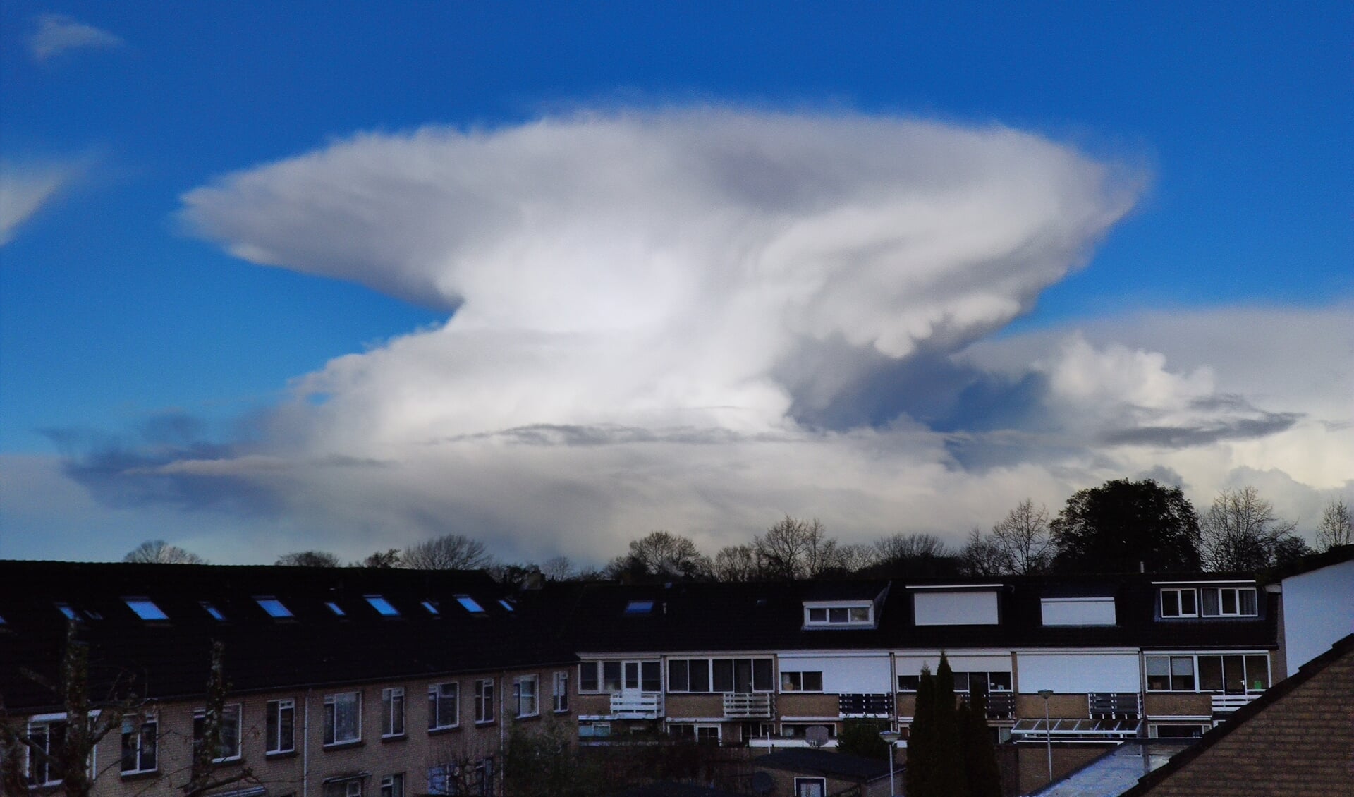 Afgeplatte cumulus nimbus door een koude inversie laag boven de wolk.