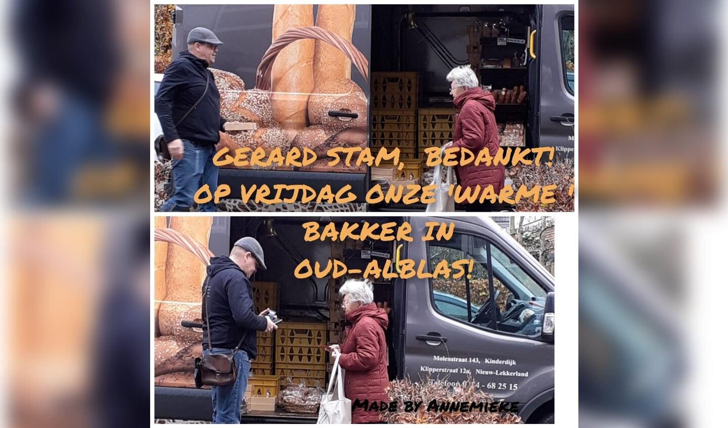 • Deze bedankfoto werd ingestuurd door Annemieke Leurgans. Op de foto helpt bakker Stam mevrouw M.G. den Ouden-van den Heerik uit Oud-Alblas.
