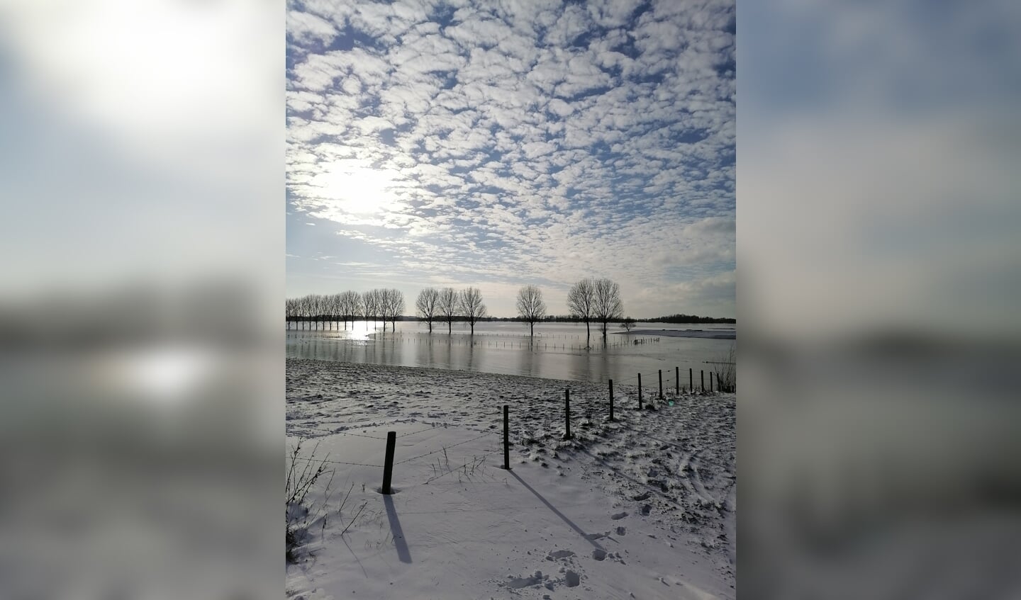 Prachtige vergezichten van sneeuw en hoogwater en Hollandse luchten natuurgebied Munnikenland.