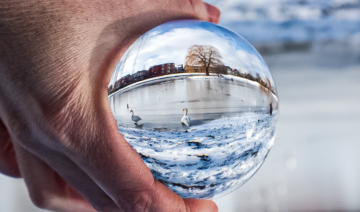 Eén van m’n eerste foto’s met de lensbol. Zwanen die over het ijs lopen bij de Dokvijver in Werkendam.