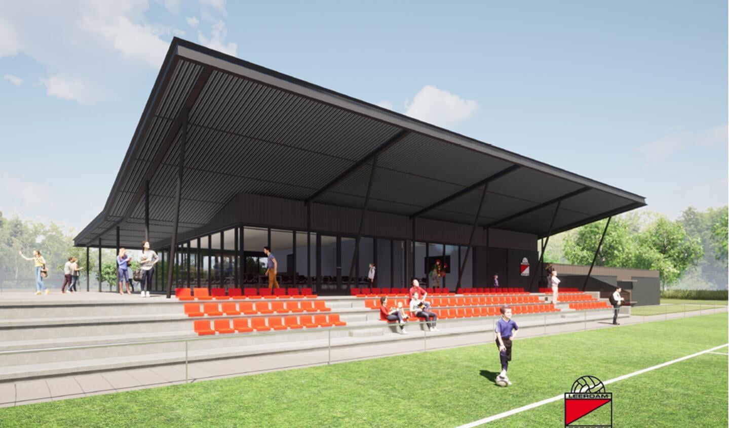 • Het nieuwe clubgebouw met tribune van Leerdam Sport'55.