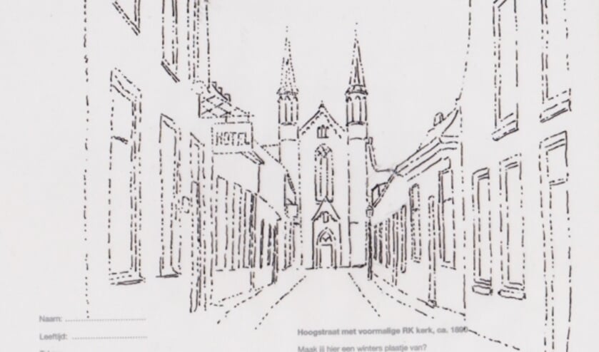<p>De kleurplaat van de Hoogstraat, een van de vier kleurplaten van Stichting Oud Montfoort.</p>