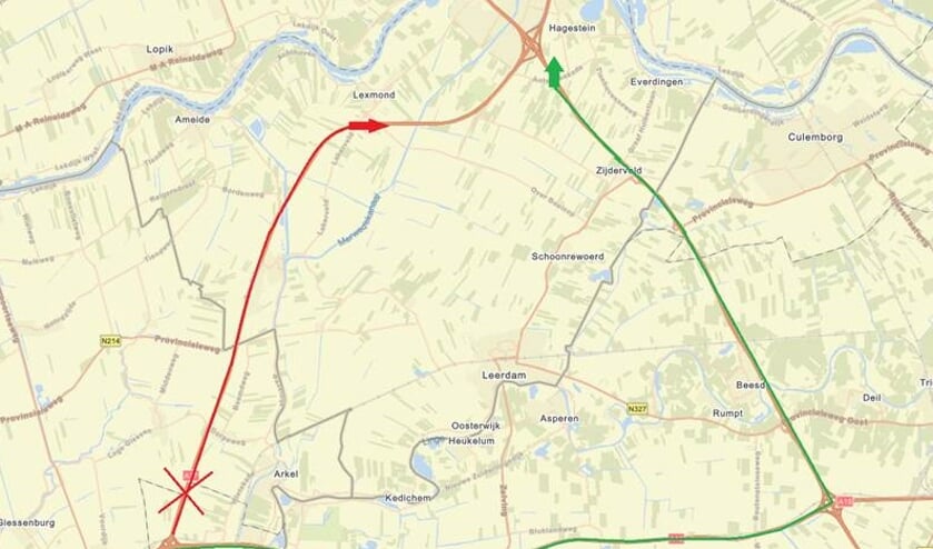 <p>• Het afgesloten stuk snelweg in het rood en de omleidingsroutes in het groen.</p>