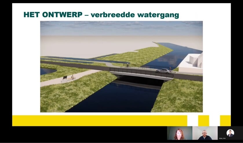 <p>• Beeld uit de online-presentatie: de nieuwe brug en verbrede watergang.</p>