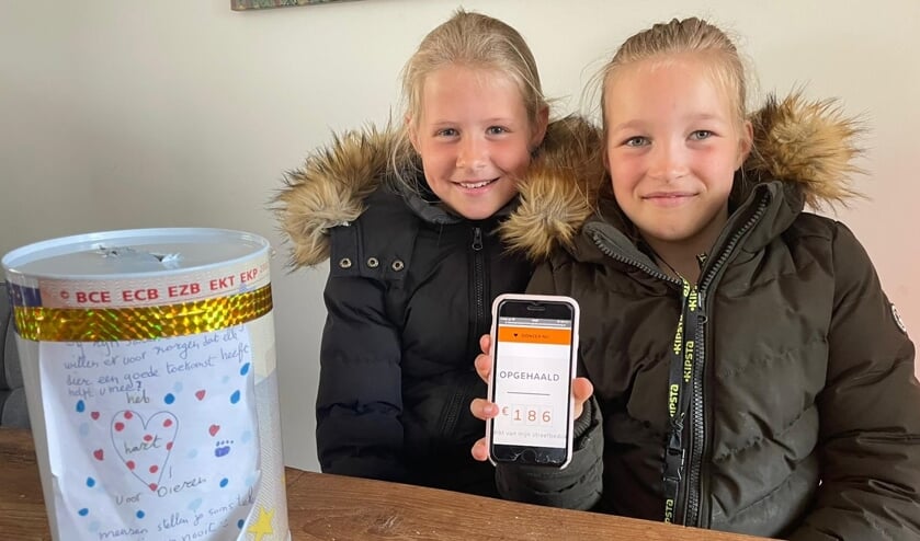 Sarah en Evi-Lin met hun collectebus en de tussenstand van hun actie