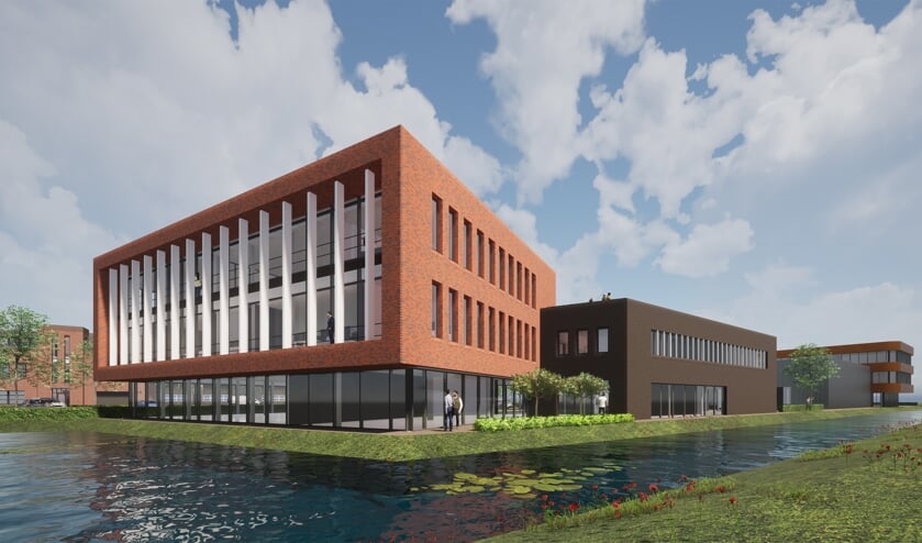 <p>• Impressietekening van het bedrijfsverzamelgebouw op Zevender.</p>
