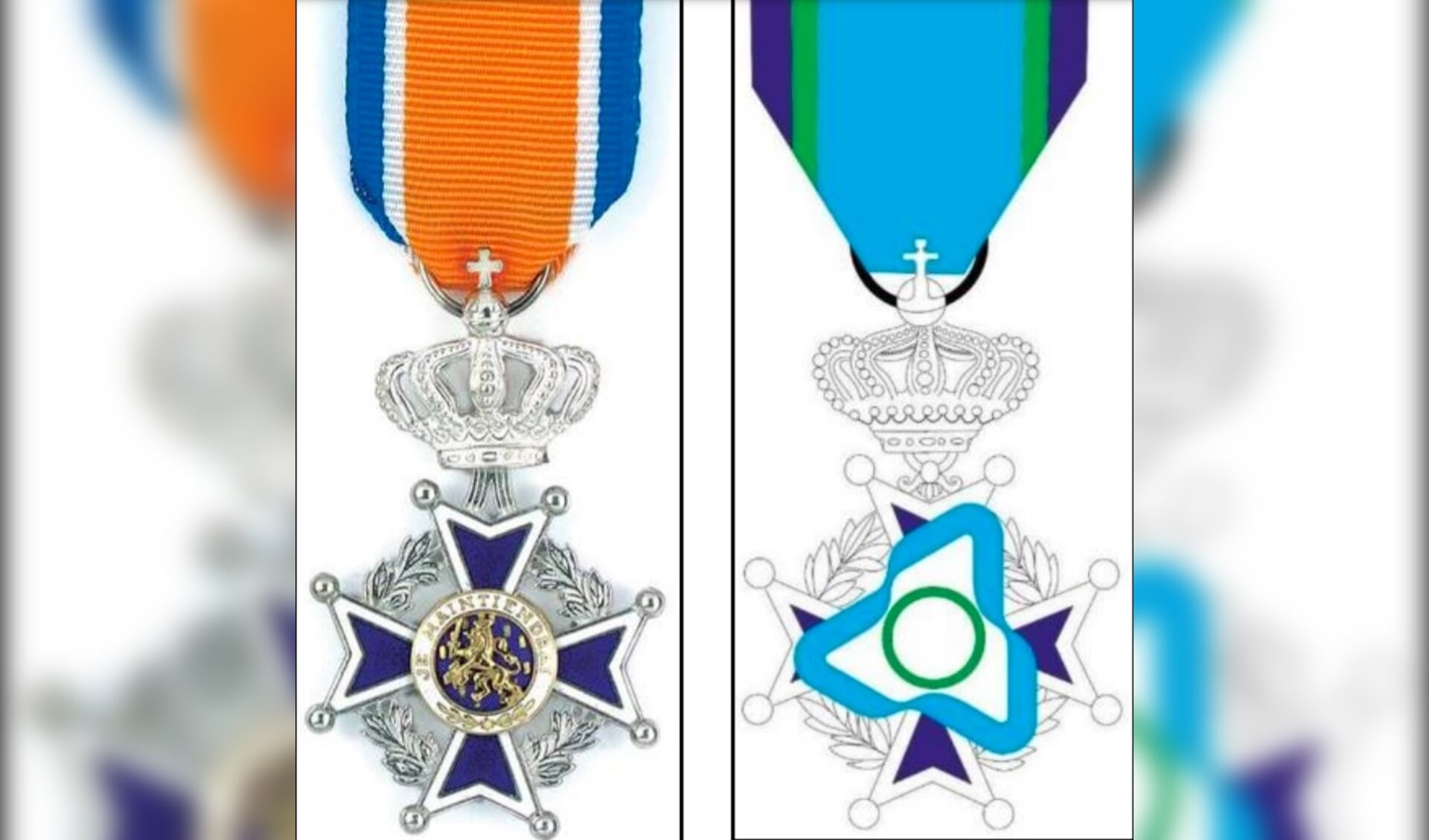 Links het lintje dat men krijgt bij de benoeming tot Lid in de Orde van Oranje-Nassau, rechts staat een eerste opzet voor het jeugdlintje.