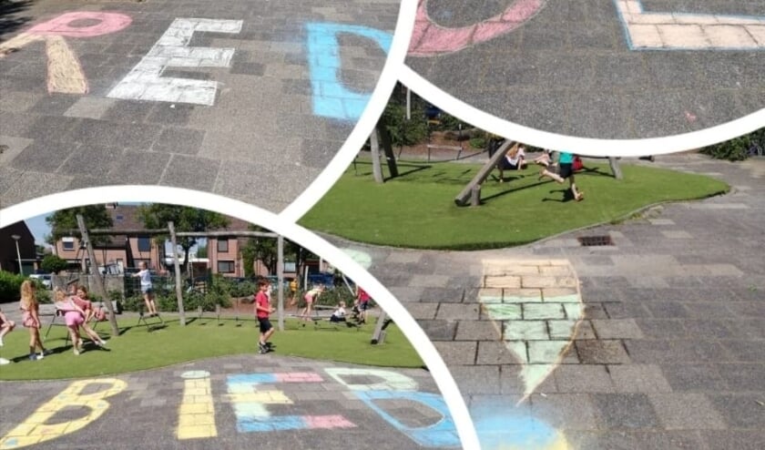 <p>• Enkele stoepkrijttekeningen op het schoolplein van De Knotwilg in Papendrecht.</p>