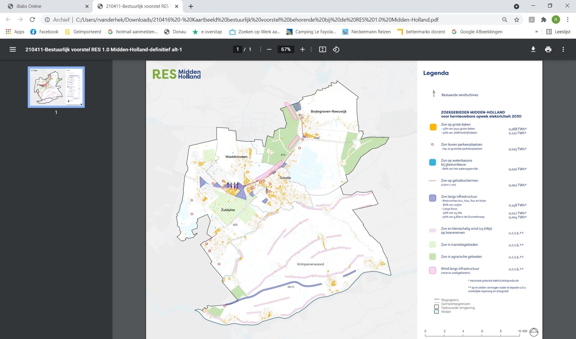 • Kaart met zoekgebieden voor duurzame energieprojecten in de regio Midden-Holland.