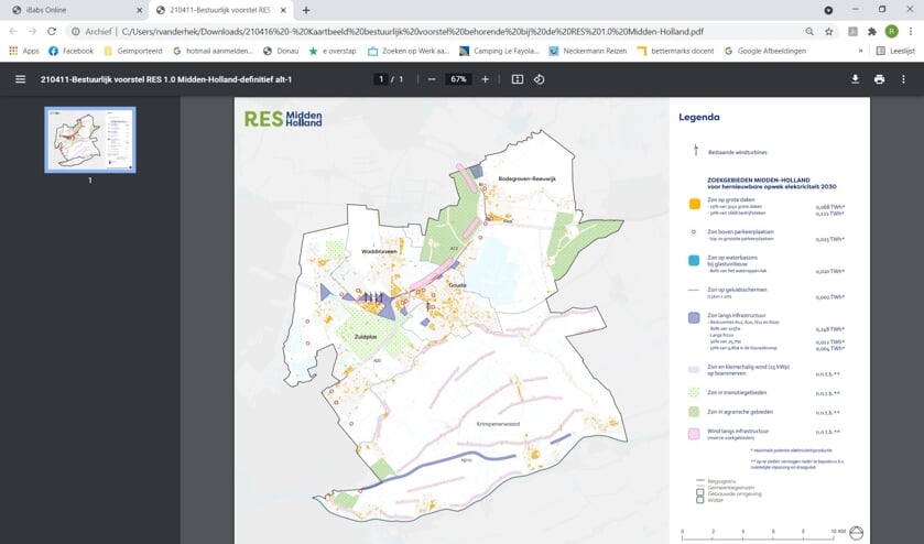 <p>• Kaart met zoekgebieden voor duurzame energieprojecten in de regio Midden-Holland.</p>