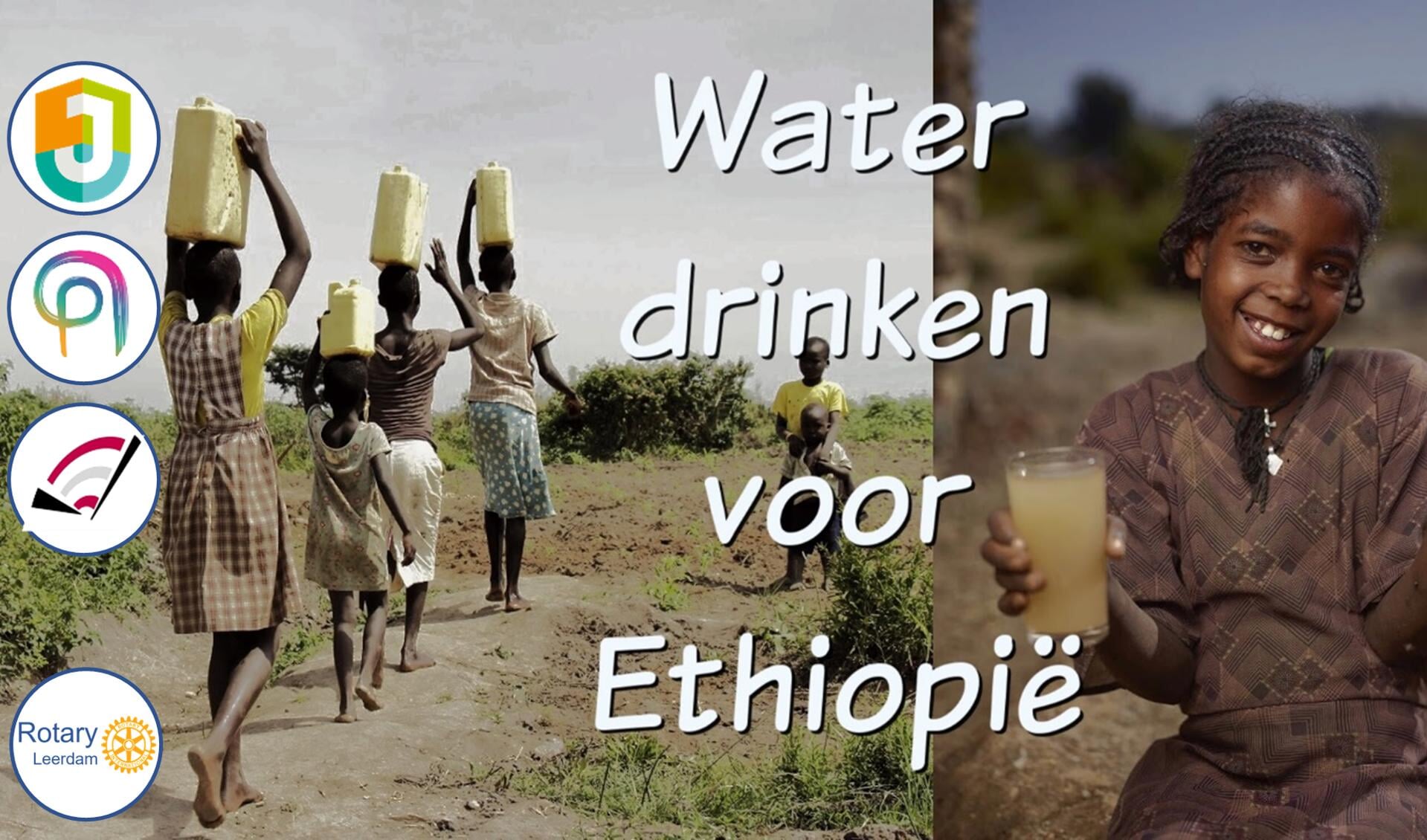 Kinderen in Ethiopie halen drinkwater. Meisje met vuil en gefilterd water. Logo's van de 3 deelnemende scholen en Rotary logo.