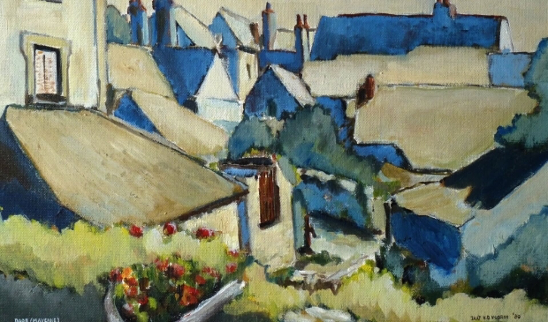 Een schilderij van een Frans dorpje dat Van der Vooren heeft gemaakt.