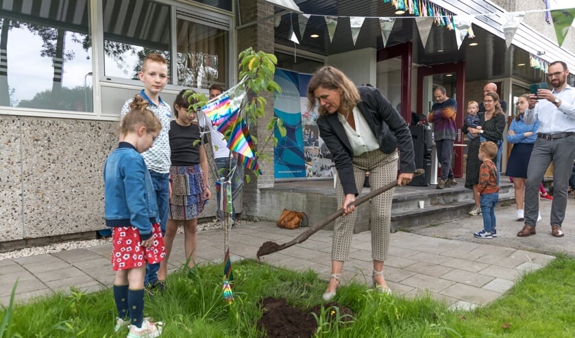 <p>Wethouder Corine Dijkstra plant een boom voor Domus</p>