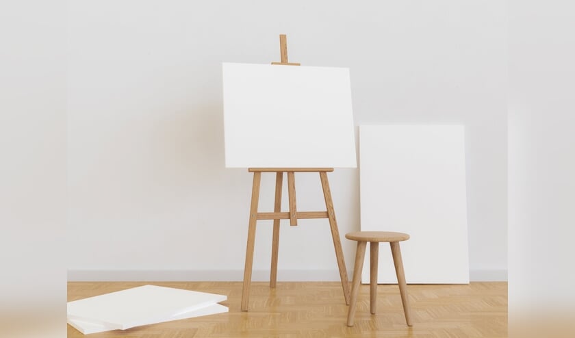 blank canvas on a wooden easel in a bright room with a stool in front of it and several canvases around it. 3d render