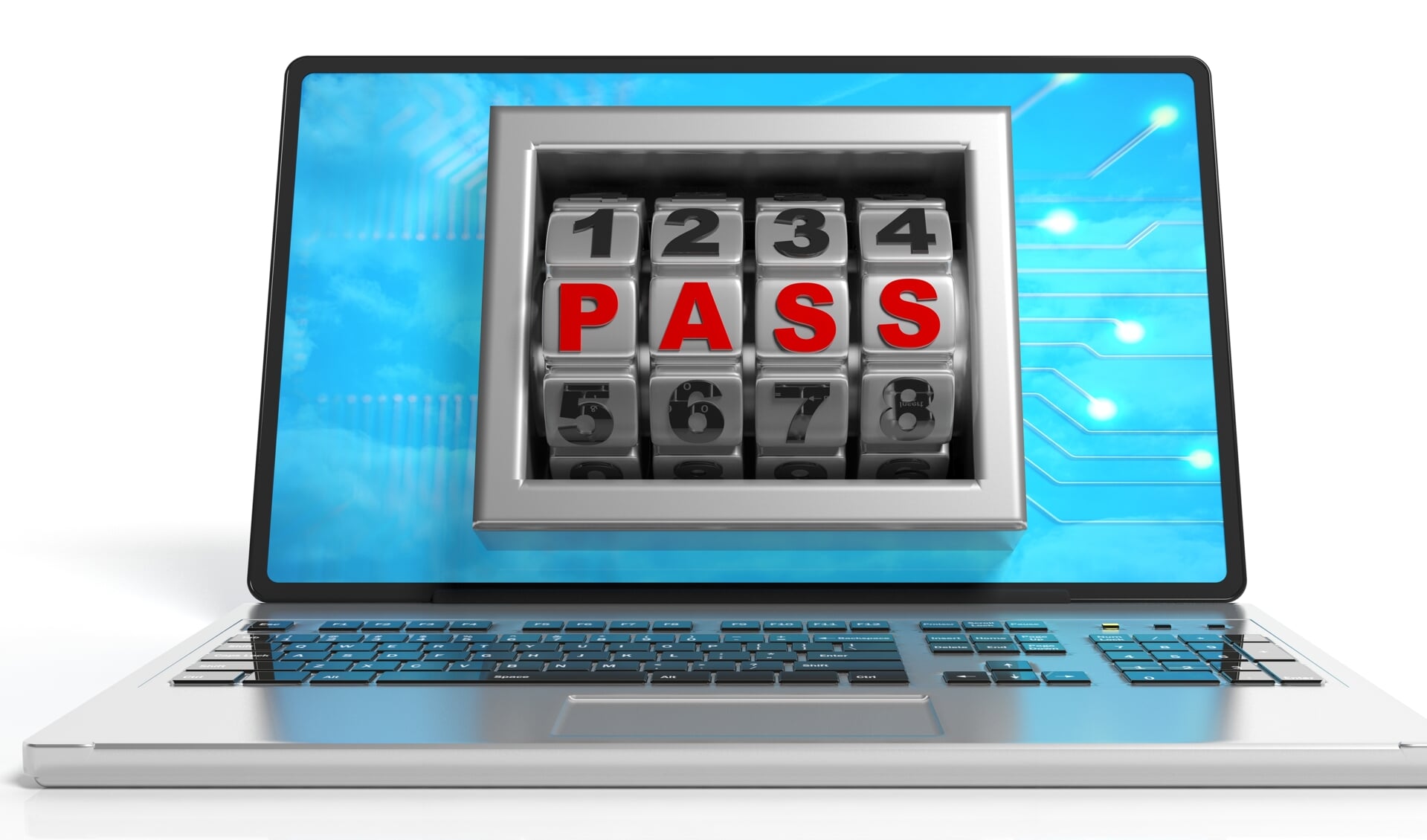 Combination numbers lock on a laptop's screen. 3d illustration