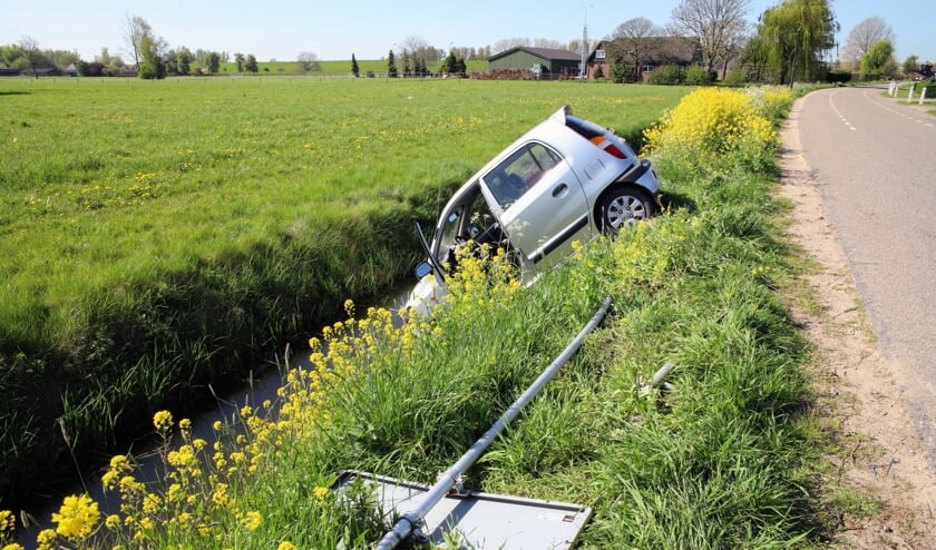 <p>De auto reed een verkeersbord omver en raakte van de weg.</p>