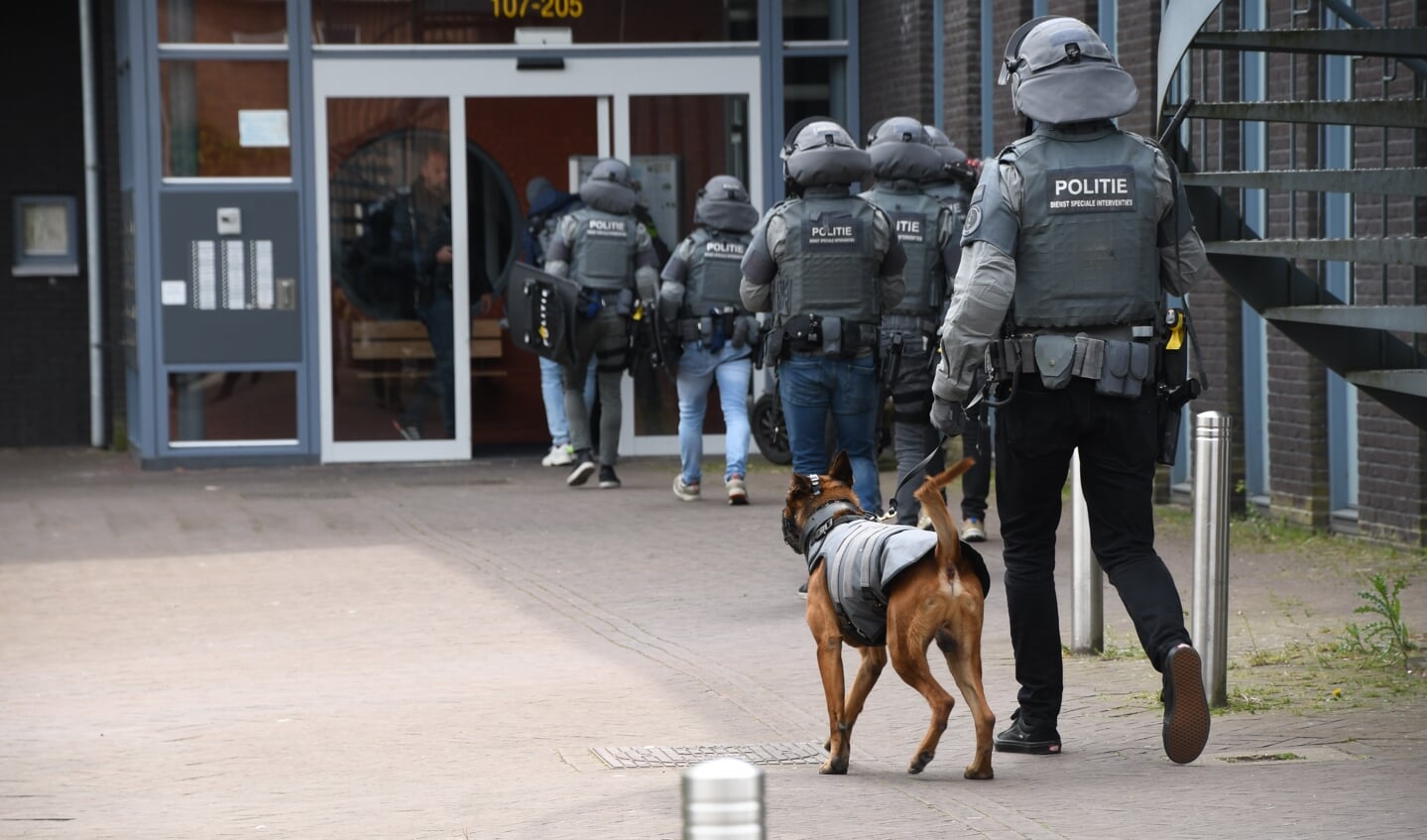 • Er was ook een politiehond mee met het arrestatieteam.