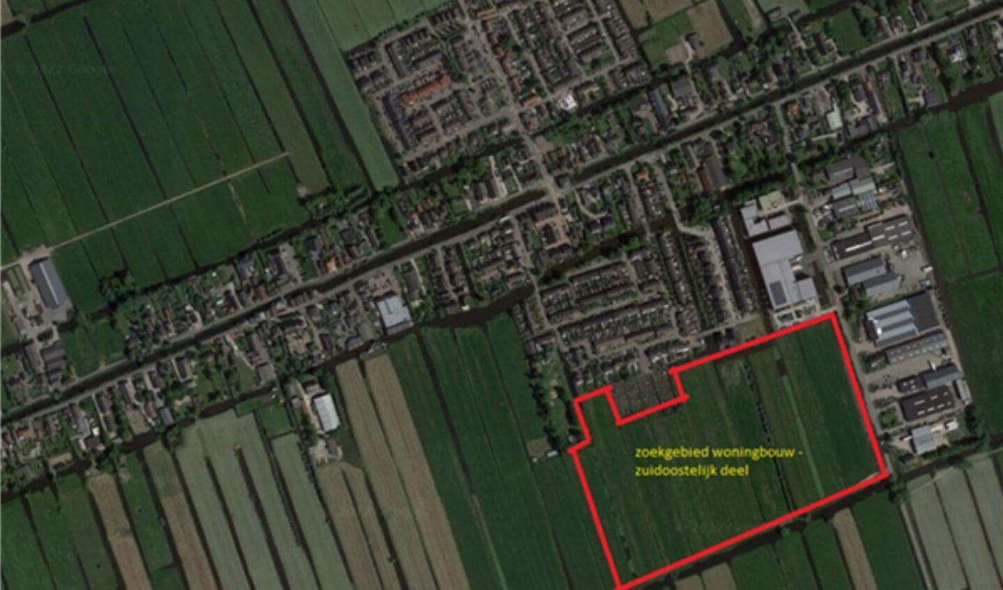 • Een kaartje van Molenaarsgraaf/Brandwijk, met in rood omcirkeld het gebied wat onderzocht wordt op woningbouw.