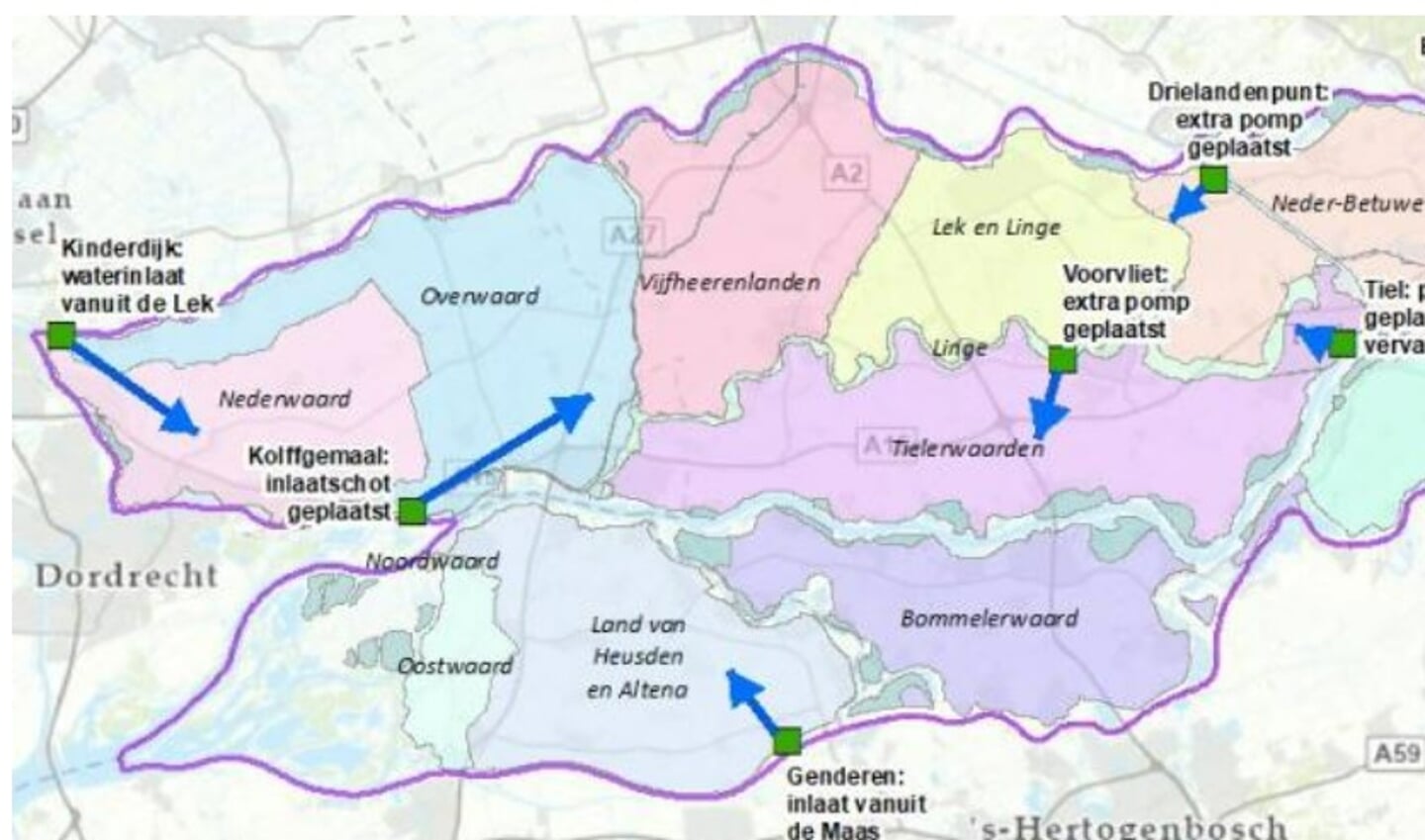 • Pijlen tonen de locaties van de extra pompen. Niet zichtbaar zijn drie extra pompen in het oostelijk deel van het gebied van het waterschap.