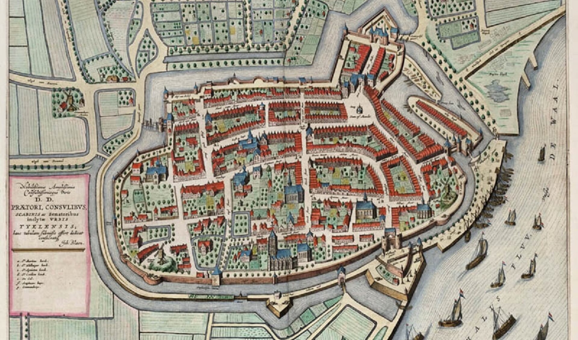 Tiel anno 1649 op een in dat jaar door Joan Blaeu uit Haarlem uitgegeven stadsplattegrond.