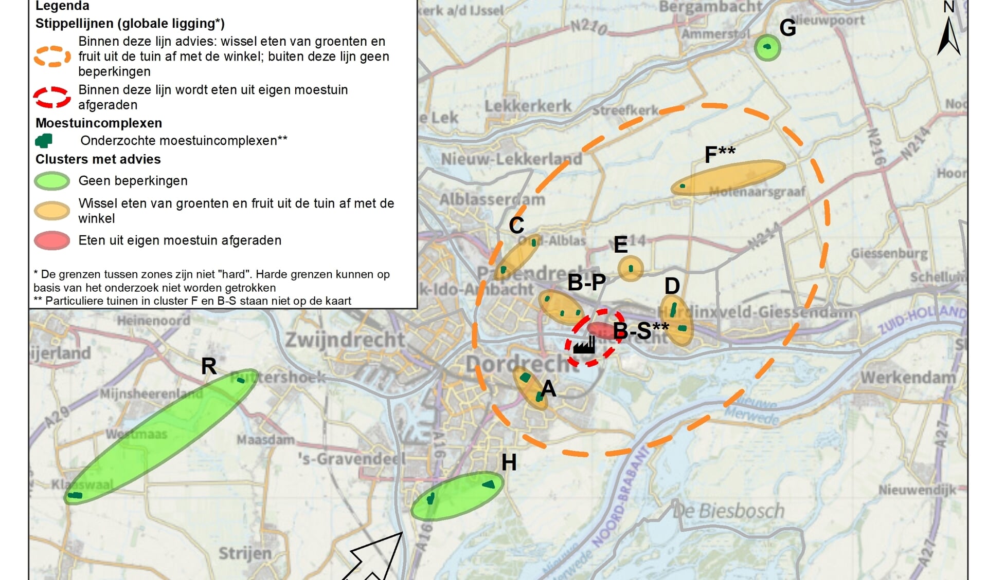 • De kaart met zones en kleuren die aangeven hoe het gesteld is met de PFAS-vervuiling in moestuinen.