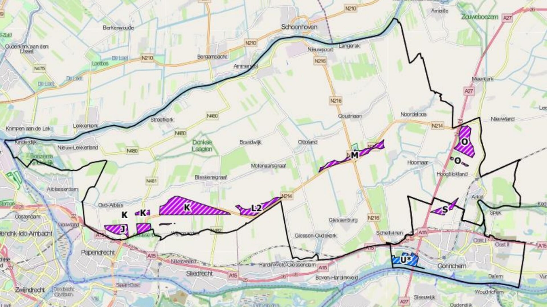 • De paars gearceerde gebieden zijn de mogelijke locaties voor de windmolens. L2 ligt net naast de gemeentegrens met Sliedrecht.