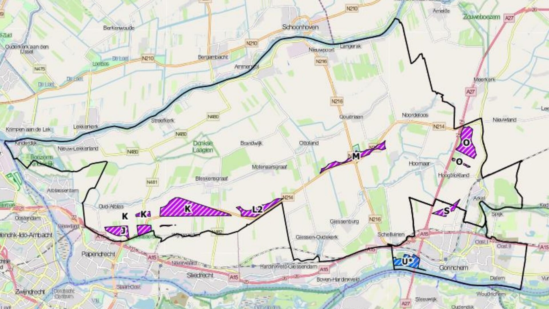 • De paars gearceerde gebieden zijn de mogelijke locaties voor de windmolens.