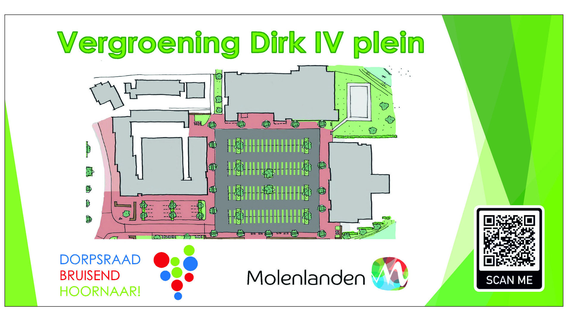 • Het ontwerp voor vergroening van het Hoornaarse plein, met bomen en perken.