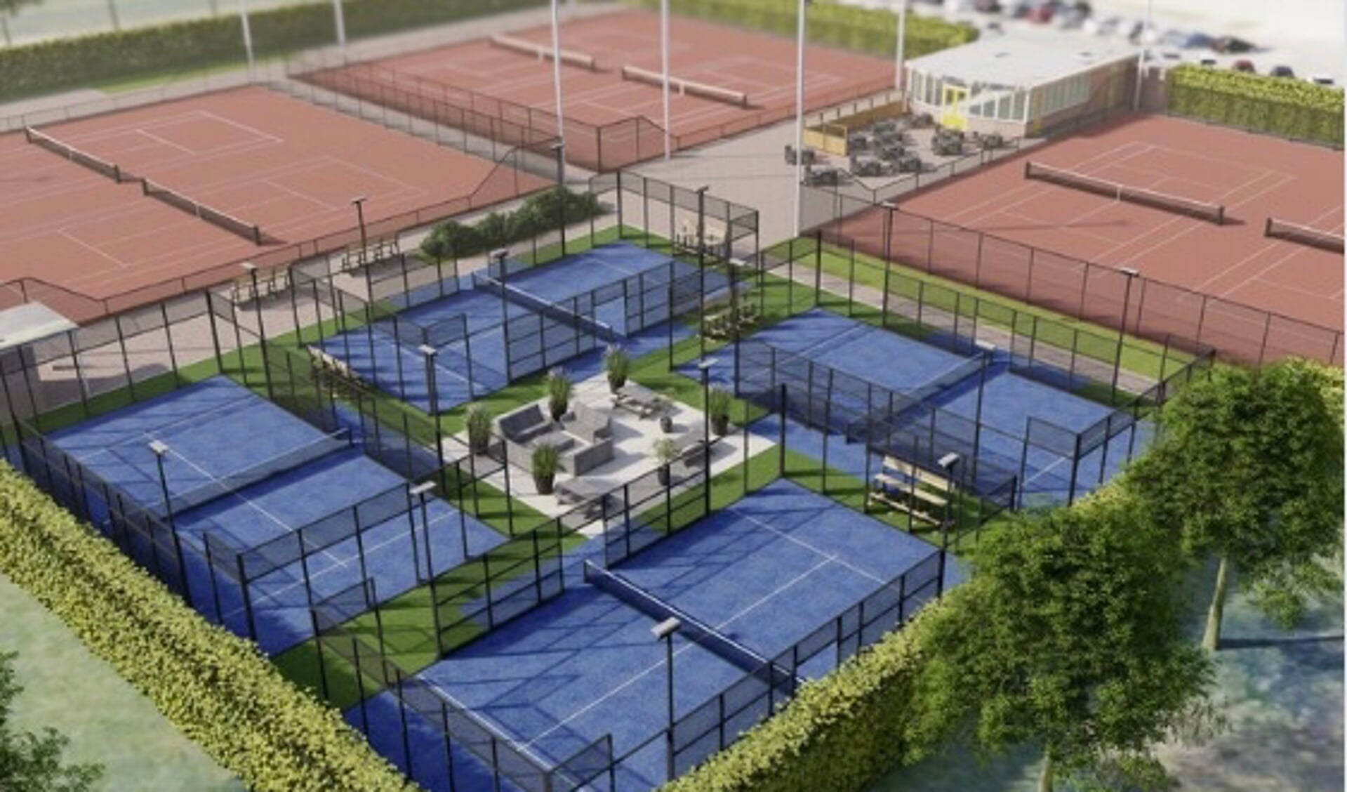• Voorbeeld van hoe het tennispark in Lopik er na de aanleg van de padelbanen kan komen uit te zien.