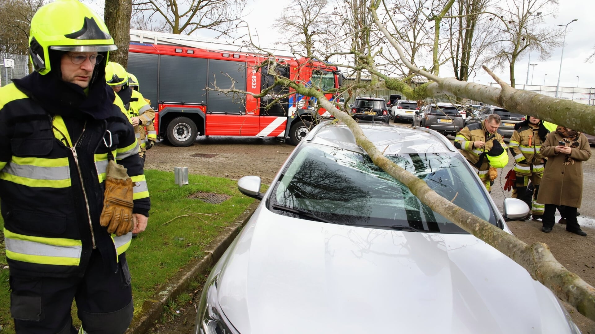 • De auto raakte door de omgewaaide boom zwaar beschadigd.