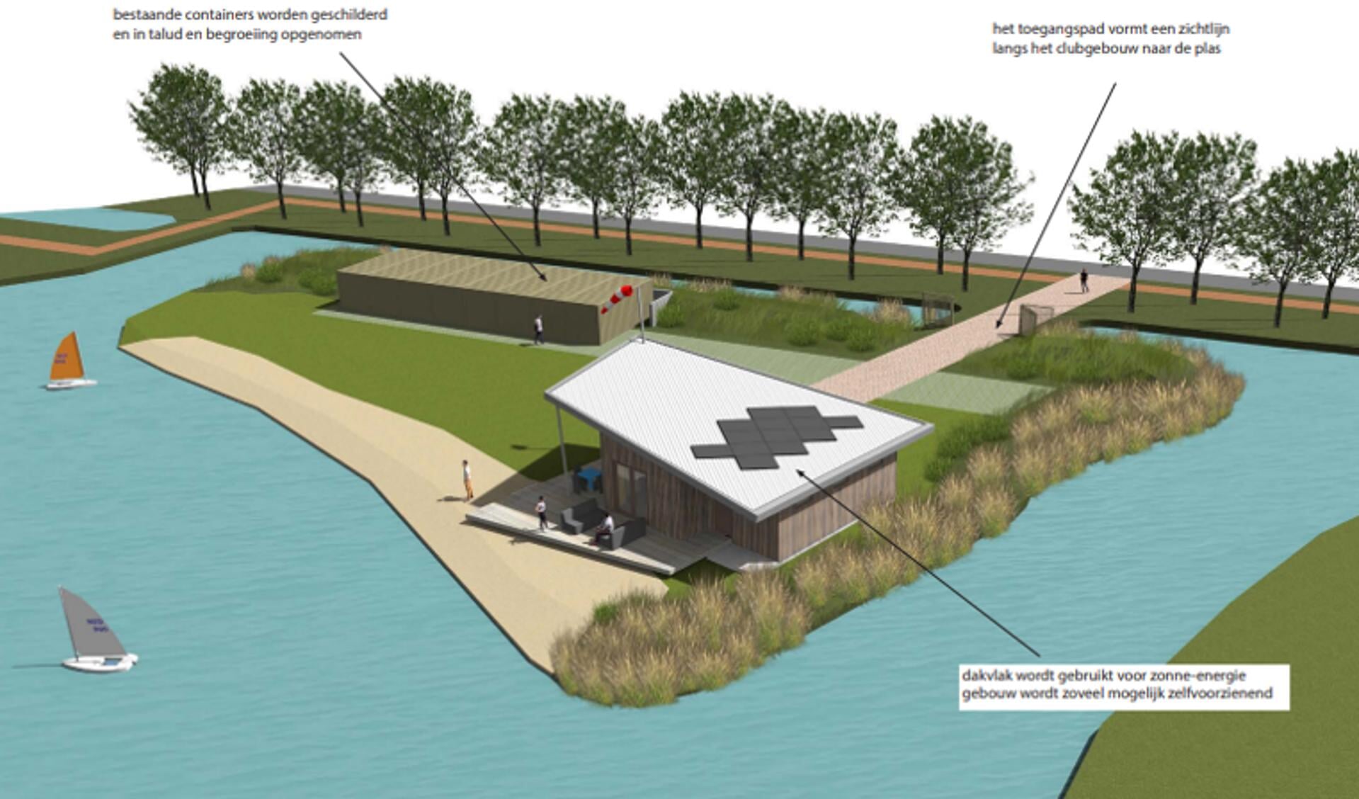 • Een artist impression van het eiland met daarop het nieuwe clubhuis van Watersportvereniging Woerden. 