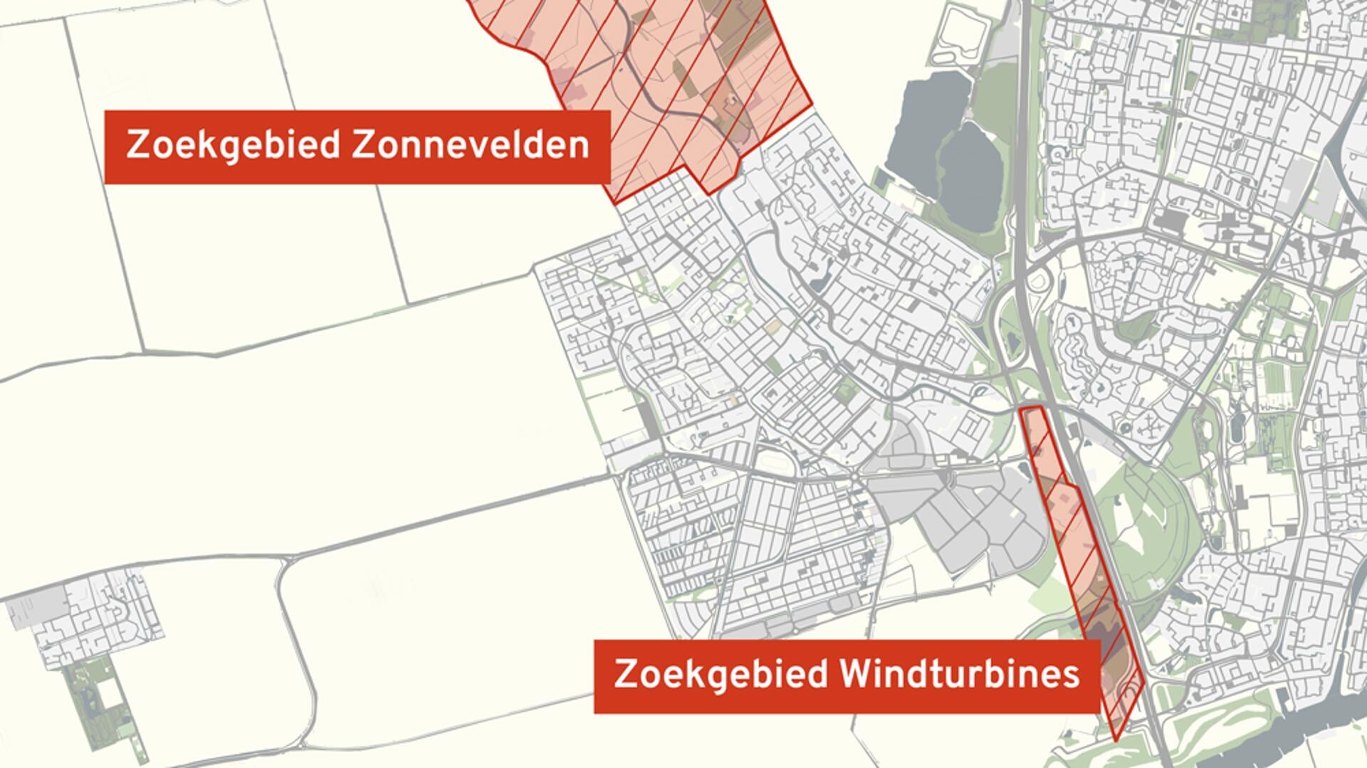 • Kaart van zoekgebieden voor windturbines en zonnevelden in IJsselstein.