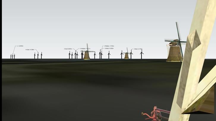 • Een artist impression van de impact van de plaatsing van windturbines op de horizon van het Kinderdijkse molengebied.