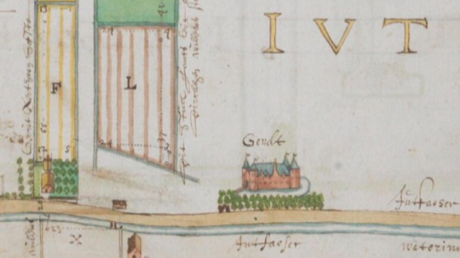 • Een kaart uit de 17e eeuw met de kastelen Nes (Rijnestein) en Gendt (Rijnenburg).