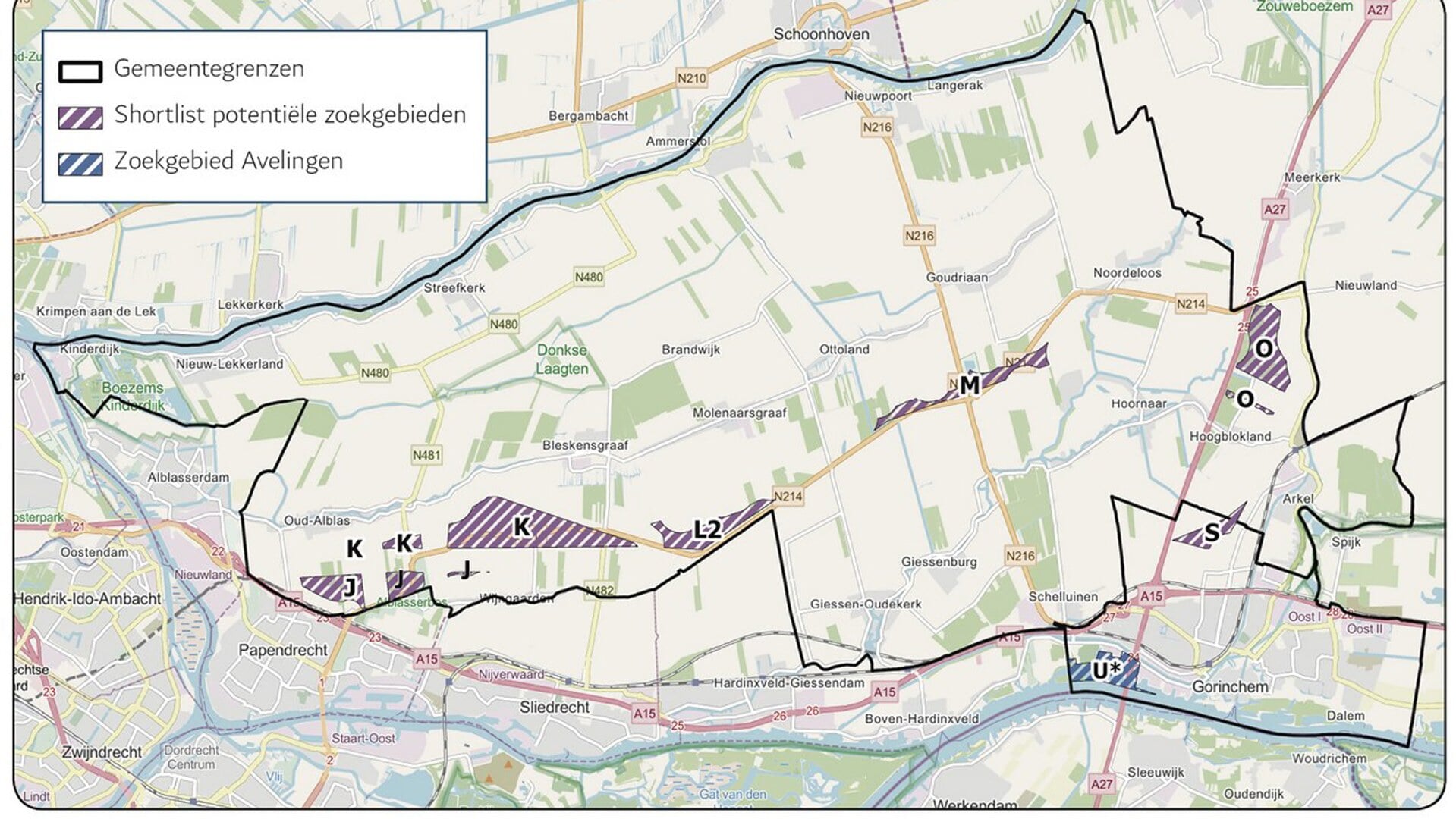 • Een kaart met de zes zoeklocaties voor windturbines.