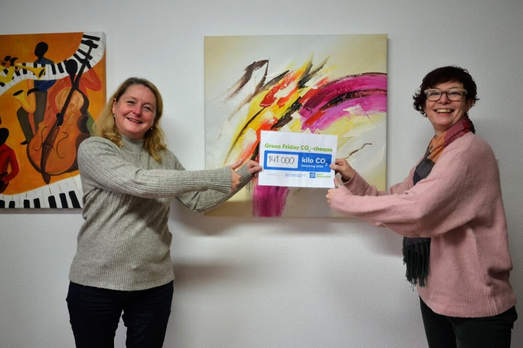 • Wethouder Christa Hendriksen (links) ontvangt de cheque uit handen van Ingrid Vente.