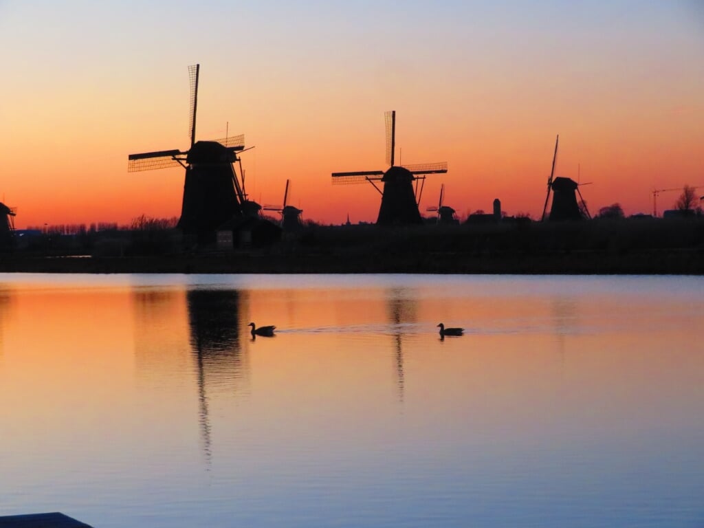 • De zonsondergang bij de molens van Kinderdijk.