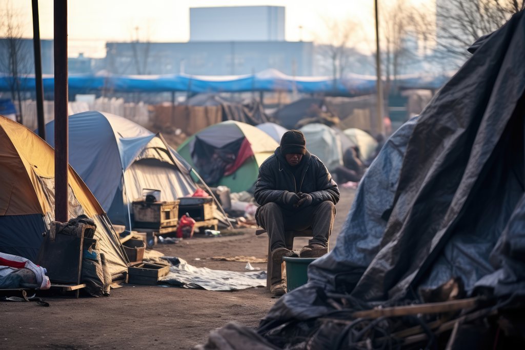 Ukrainian refugees on the streets of Kiev. Refugees are arriving constantly to Ukraine on their way to Germany, homeless and in poverty in a tent city, AI Generated