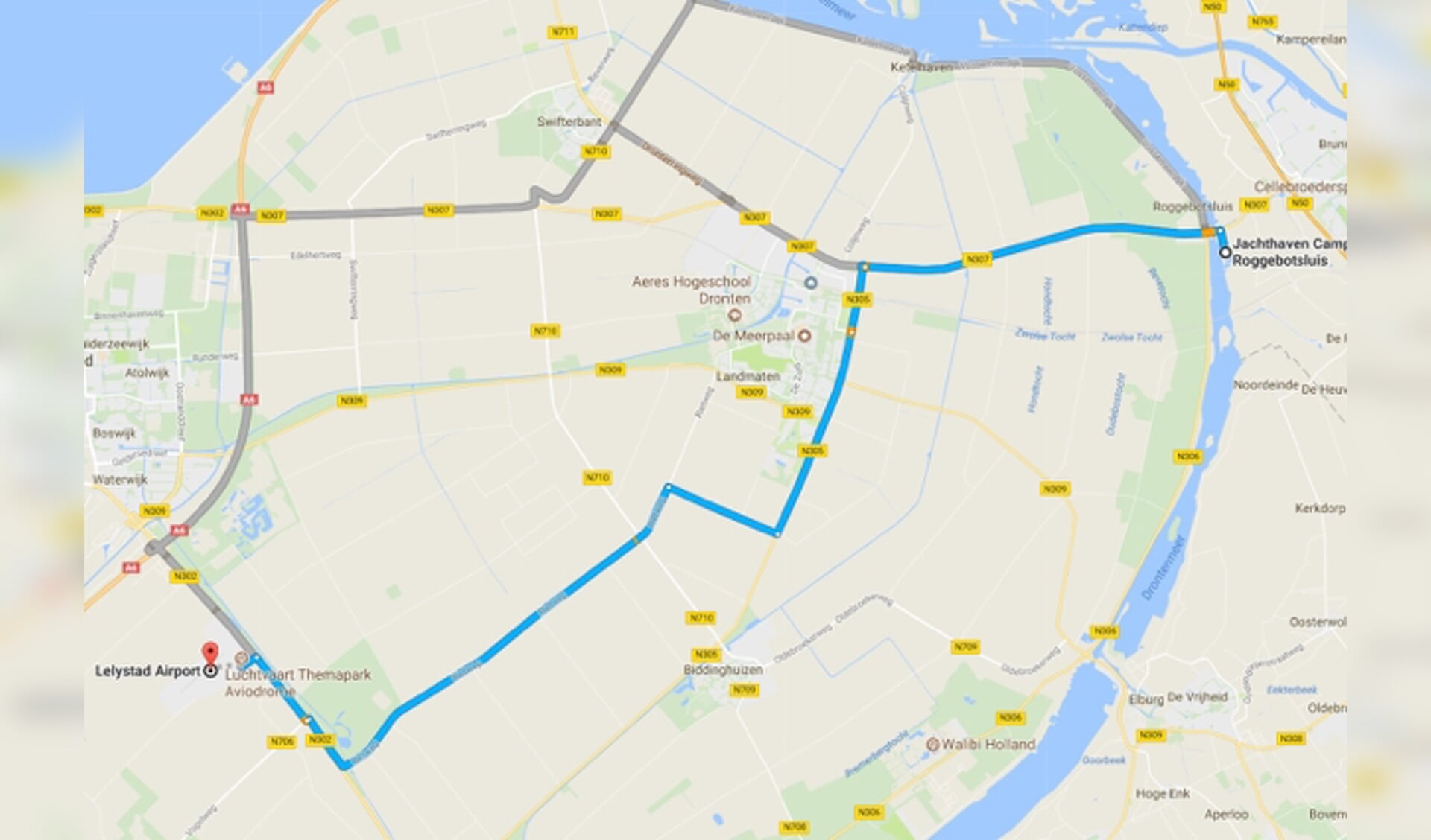  Google stuurt het verkeer vanuit Kampen via de Rietweg naar vliegveld Lelystad.