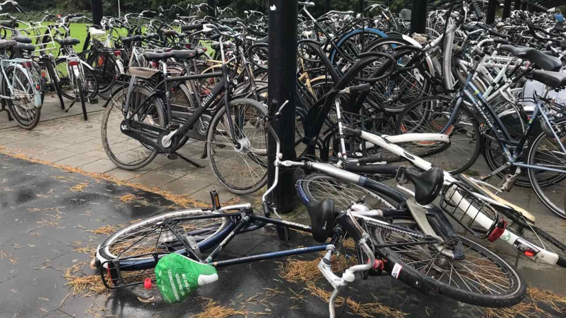 Een foto van de fietsenstalling bij station Dronten.