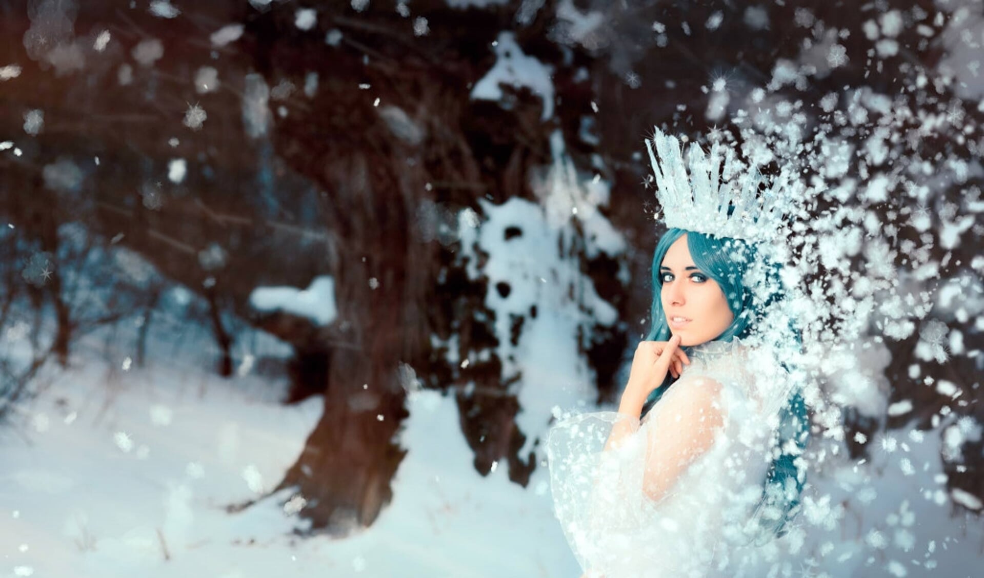  Beautiful princess with ice crown in winter land