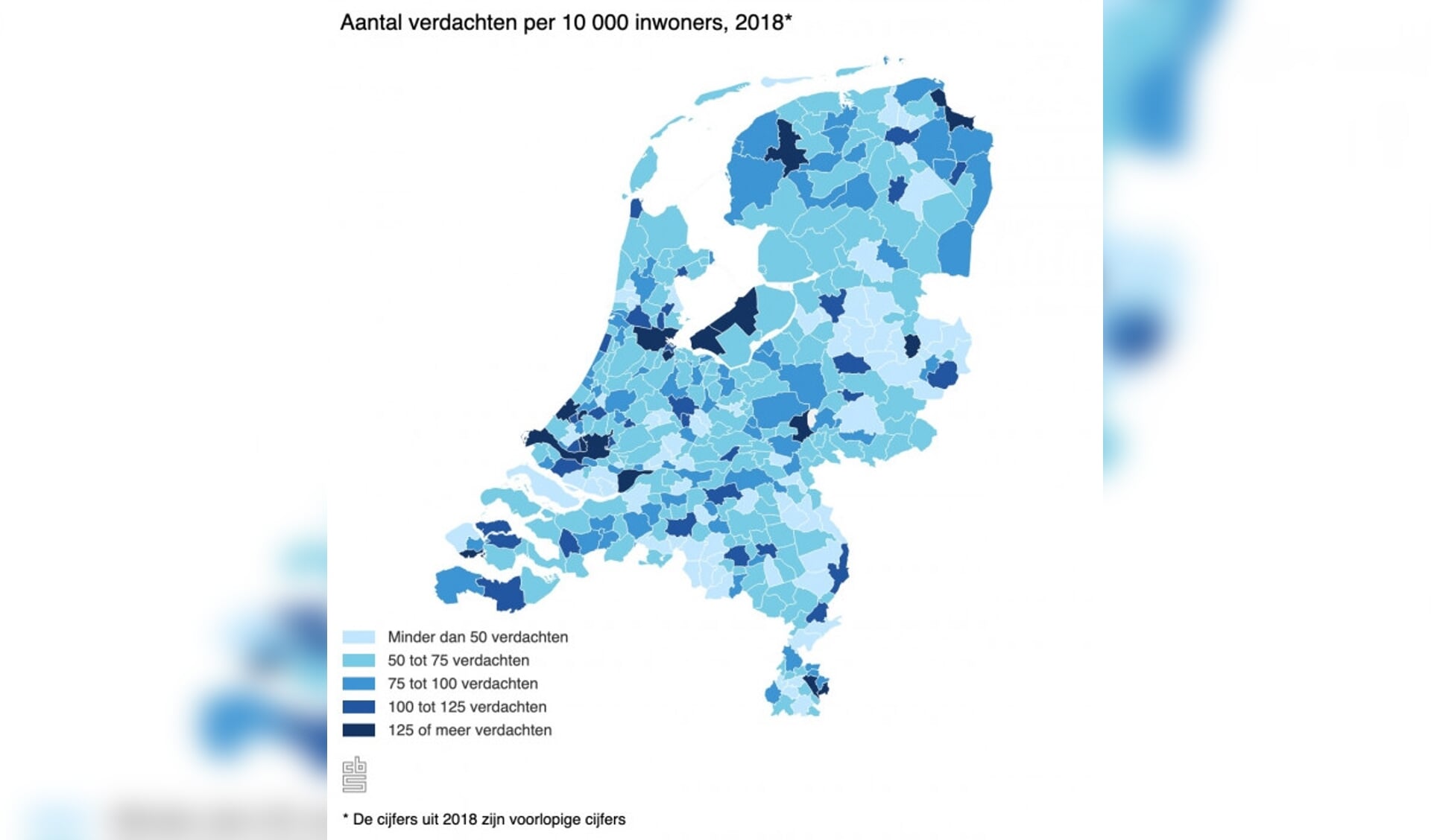  Aantal verdachten per 10.000 inwoners in 2018.